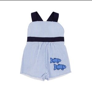 TBBC Shadley Shortall, blue windowpane check with fish applique